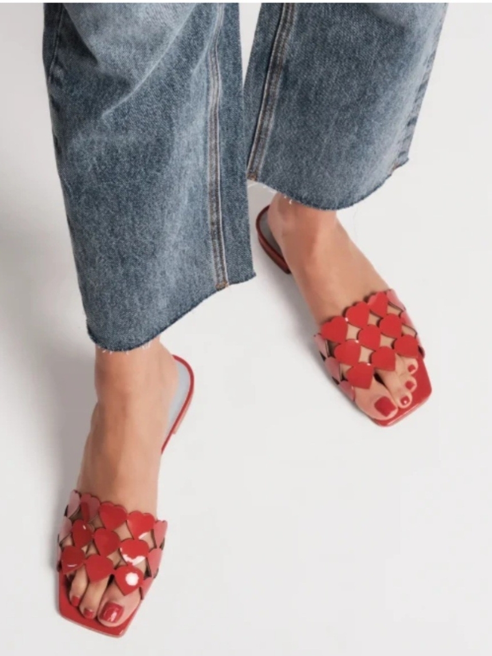Woven Heart-Accent Red Slide Sandals - Women's